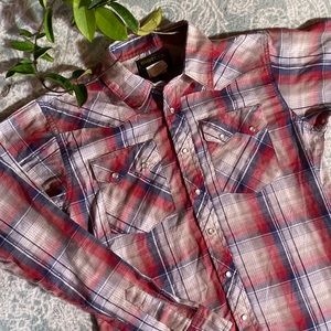 Vintage Rustler Red Light-weight flannel with Pearl snap buttons